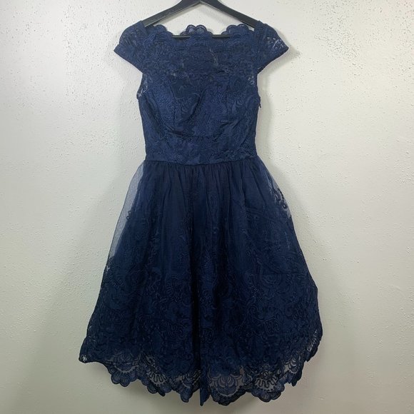 chi chi london premium lace midi dress with cap sleeve in navy